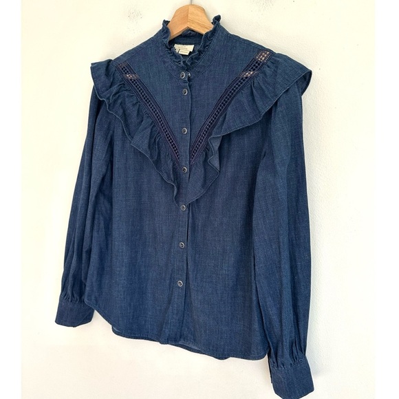 Kate Spade • Long Sleeve Ruffle Blouse in Dark Blue Chambray - Picture 3 of 6